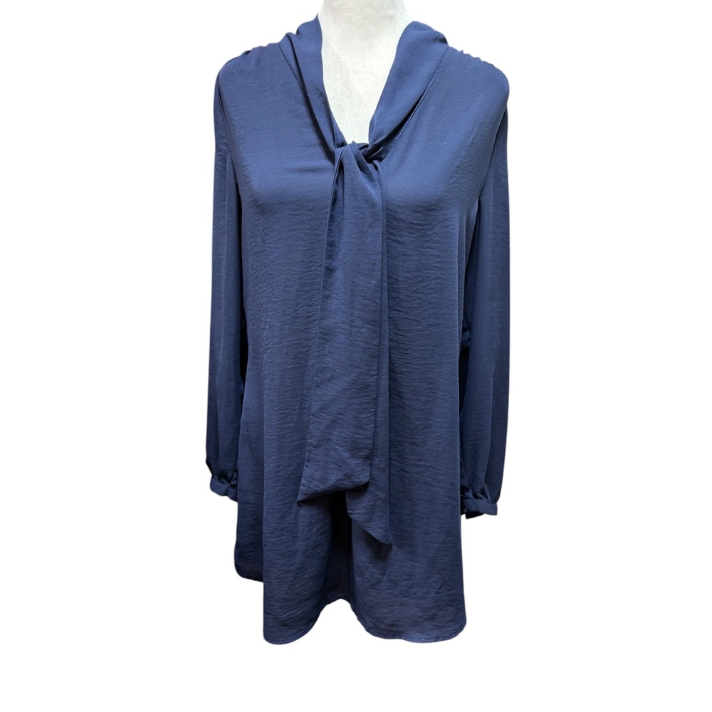 HM Navy Blue Tie Neck Dress Long Sleeve Puff‎ Shoulder Top Size 8 #692